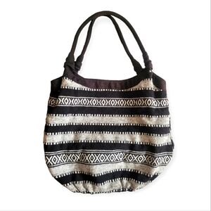 Bohemian Woven Fabric Tote Bag with Aztec Pattern in black and white